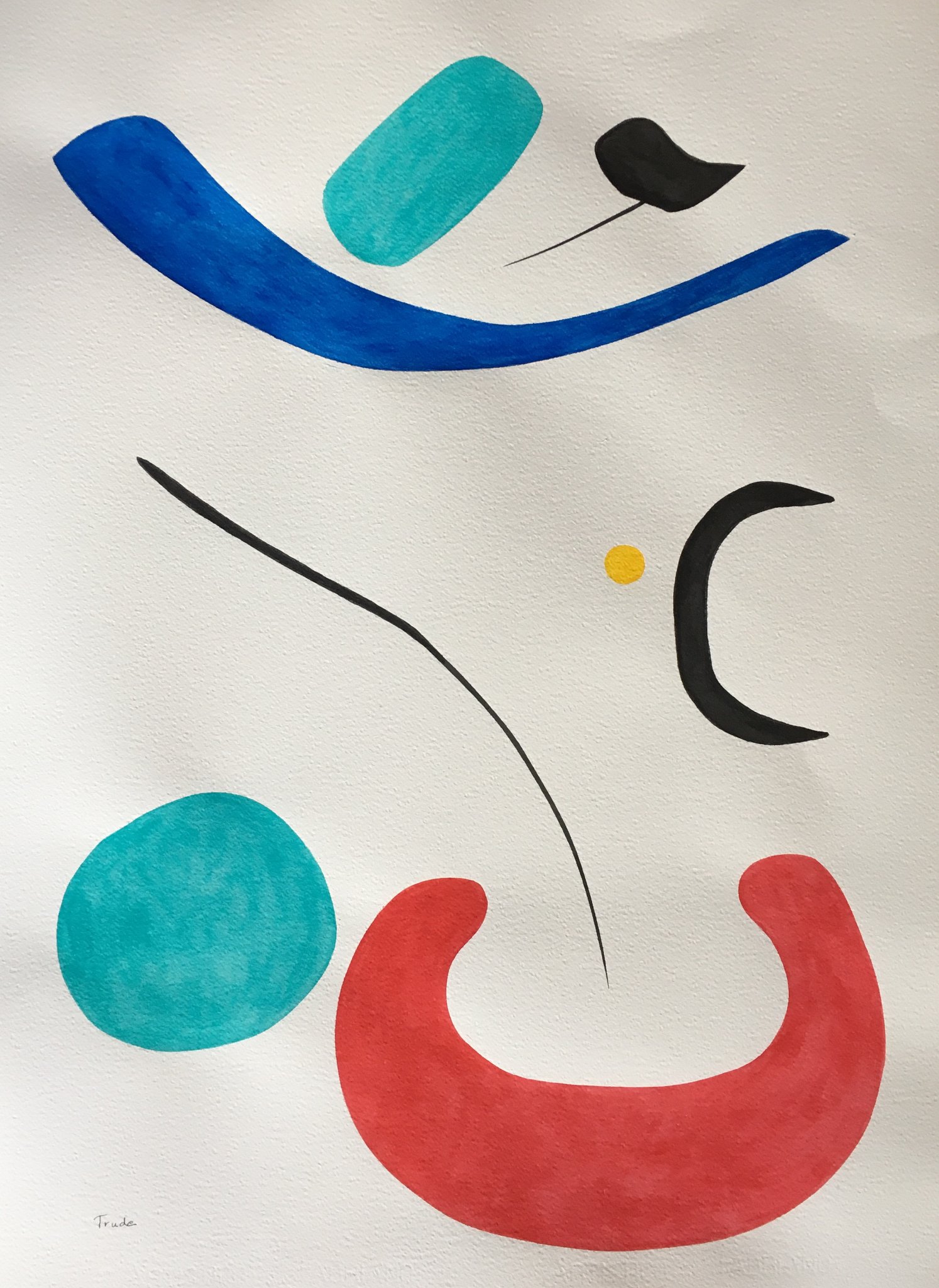 Floating curved forms — blue arc, teal oval, red crescent — on white